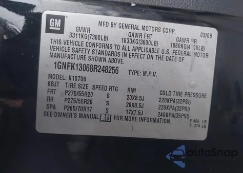 2008 Chevrolet Tahoe Ltz from USA, damaged, VIN 1GNFK13068R248256